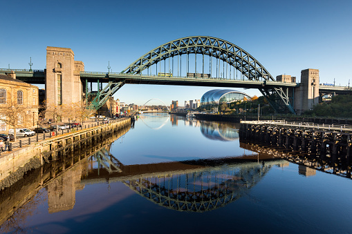 Wide angle view of the iconic Tyne Bridge in Newcastle, England, UK