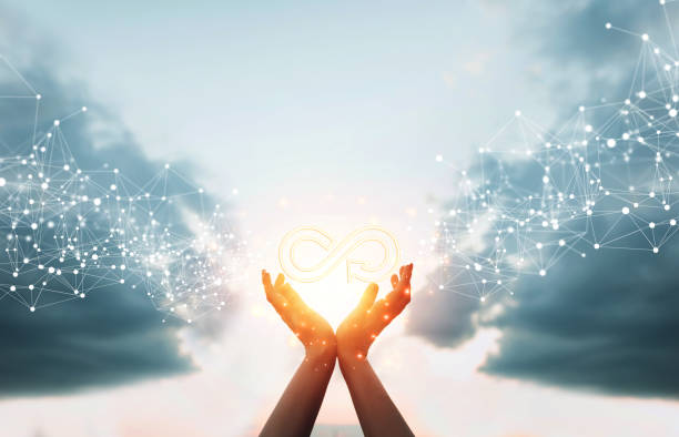 istock Hands holding circular economy symbol on sunset with network connection. Sustainable strategy for eliminate waste and pollution.  Eco business development on  environment. 1346776177