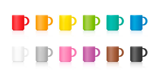 stockillustraties, clipart, cartoons en iconen met colored mugs, set of colorful porcelain cups for coffee, hot chocolate, tea or milk. isolated vector illustration on white background. - hot chocolate purple