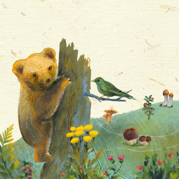 rasterillustration mit teddybär, vogel, pflanzen und pilzen. waldbild - bush bird tree wood stock-grafiken, -clipart, -cartoons und -symbole