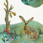 istock Raster illustration with a hare, plants. Forest picture 1346778430