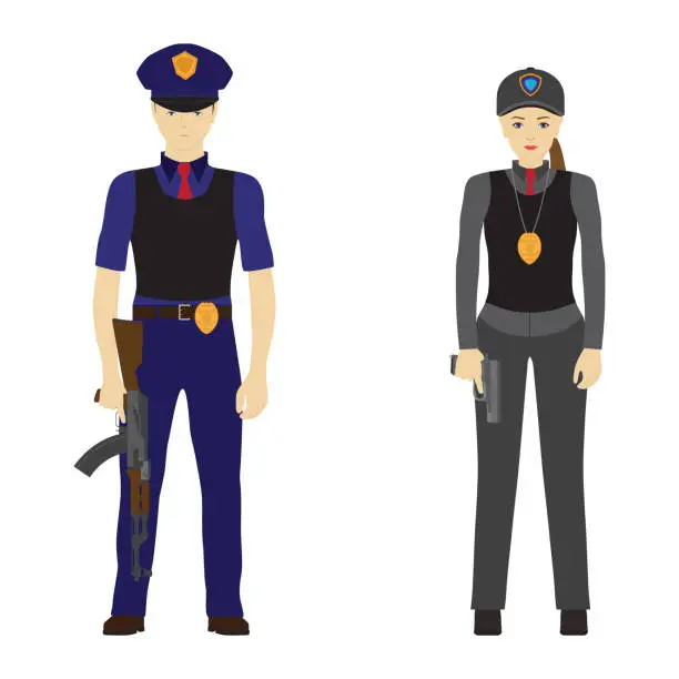Vector illustration of Policemen with guns in their hands. Police officers.