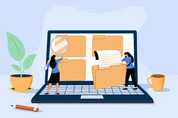 Vector illustration of Conceptual template with man standing on laptop computer and opening drawer of storage cabinet full of documents.
