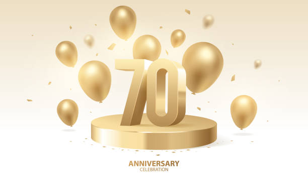 70th Anniversary Celebration Background 70th Anniversary celebration background. 3D Golden numbers on round podium with confetti and balloons. 70th stock illustrations