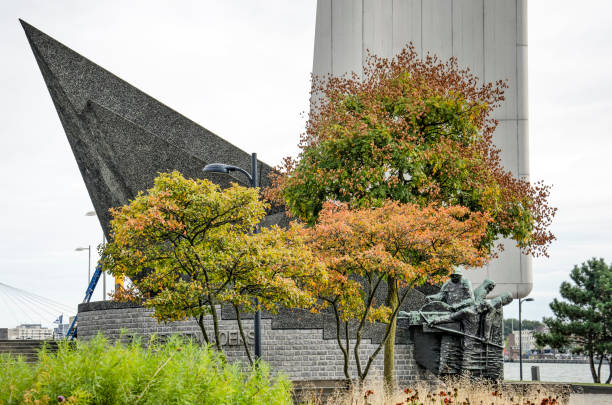 Rotterdam, The Netherlands, October 1, 2021: autumn colors in the park at Leuvehoofd, next to the war monument for sailors