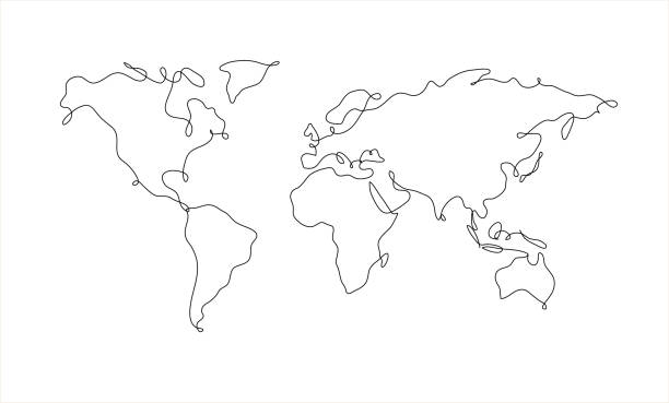 World map pen line World map in pen line style drawing on white background country geographic area stock illustrations