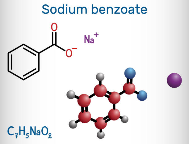 istock Sodium benzoate molecule. It is antimicrobial, antifungal preservative in pharmaceutical preparations and foods with E number E211. Structural chemical formula, molecule model 1346784971