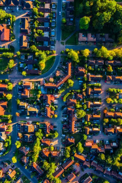 Photo of Aerial view suburban neighborhood with identical wealthy, Milton Keynes, Furzton