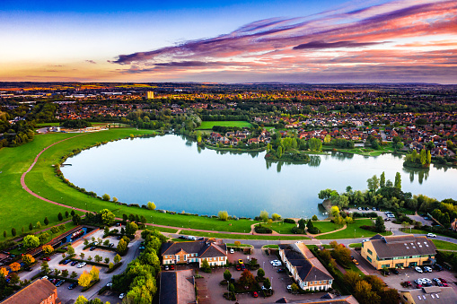 Aerial Photo of the village of Milton Keynes, Furzton Lake at sunset