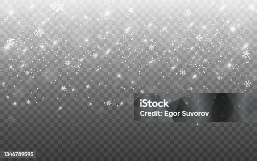 istock Christmas snowfall. Realistic falling flakes. Defocused snowflakes on transparent backdrop. Winter texture with snowstorm for poster or banner. Vector illustration 1346789595