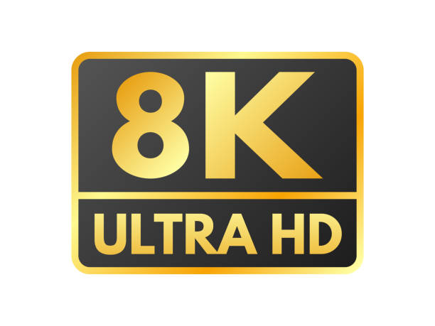 8K icon. Ultra HD label on white background. High definition label. 8K resolution gold mark. UHD video icon isolated. Vector illustration 8K icon. Ultra HD label on white background. High definition label. 8K resolution gold mark. UHD video icon isolated. Vector illustration. ultra high definition television stock illustrations