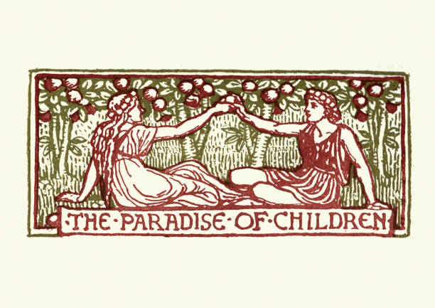 The Paradise of Children, Boy and girl in classical dress eating apples in an orchard Vintage illustration of The Paradise of Children, Boy and girl in classical dress eating apples in an orchard. Walter Crane just say no stock illustrations