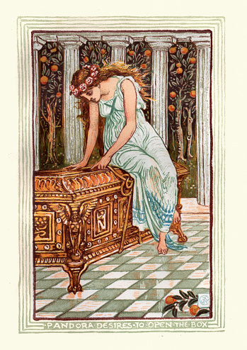 Vintage illustration from the story Pandora's box, Pandora desires to open the box. Pandora's box is an artifact in Greek mythology connected with the myth of Pandora in Hesiod's Works and Days. He reported that curiosity led her to open a container left in care of her husband, thus releasing physical and emotional curses upon mankind.