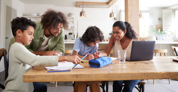 istock Boys doing homework with parents working from home 1346794900