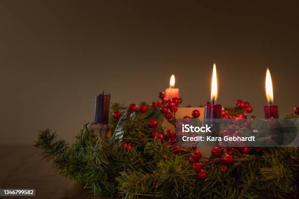 Advent Wreath With Three Candles Lit Stock Photo - Download Image Now - Advent, Candle, Three Objects