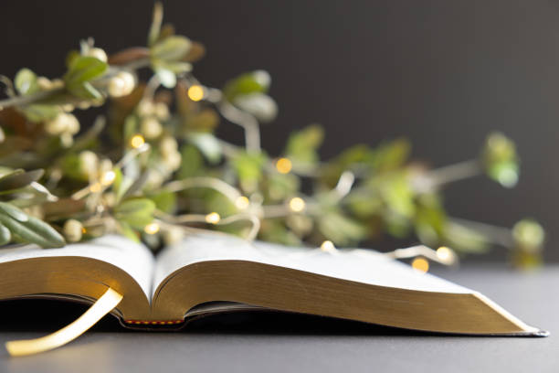 istock Open bible with white lights and green branches 1346799596