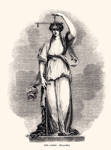 Lady Justice by Reynolds. Vintage engraving circa late 19th century. Digital restoration by Pictore.