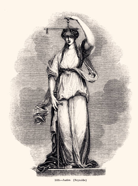 LADY JUSTICE   (High resolution  with lots of details) Lady Justice by Reynolds. Vintage engraving circa late 19th century. Digital restoration by Pictore. supreme court justice stock illustrations