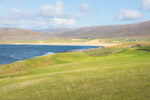 Beautiful sunny day at the coastal links golf course Harris Golf Club at Scarista on the Isle of Lewis and Harris in the Outer Hebrides of Scotland, UK.