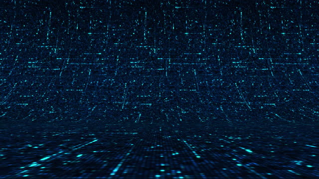 Circuit board dark blue background with running impulses, computer, microchip nano technology concept. Animation. Bended texture with moving straight pixelated lines.