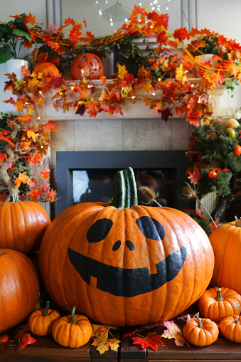 Stock photo showing a close-up view of an Halloween autumnal display in a domestic room with large, freshly picked, ripe orange coloured pumpkins, gourds and autumnal coloured leaves arranged on a wooden table in front of fireplace.