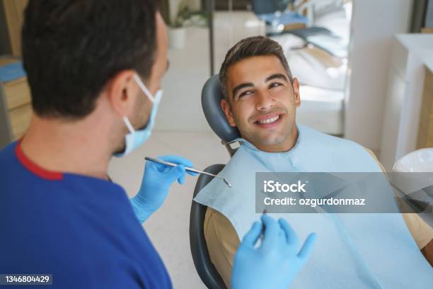 Young Man Patient Having Dental Treatment At Dentists Office Stock Photo - Download Image Now