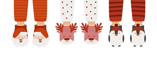 Christmas pajama party feet in slippers. Vector illustration in flat style