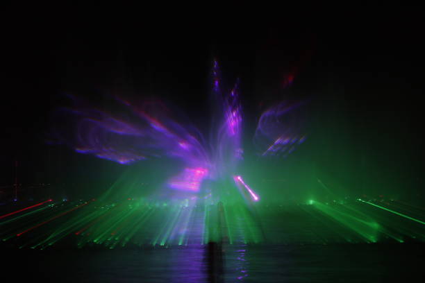 Vilnius, Lithuania - January 26, 2020: Gediminas statue with glowing sword in Cathedral square illuminated for 697  city birthday celebrations during Vilnius Festival of Light 2020.