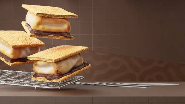 A 3d render of three ready S'mores on the left side of the frame float in the air