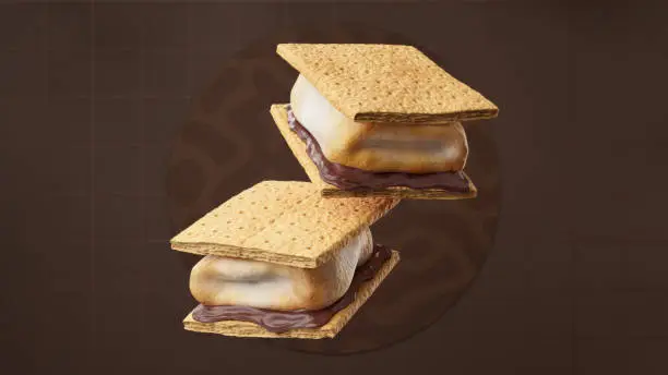 A 3d render of two S'mores floating in center screen