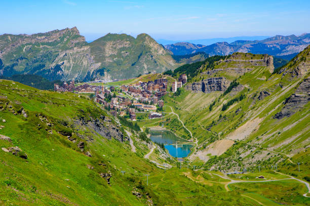 view of avoriaz in summer, a mountain resort in portes du soleil, france, europe - france european alps landscape meadow imagens e fotografias de stock