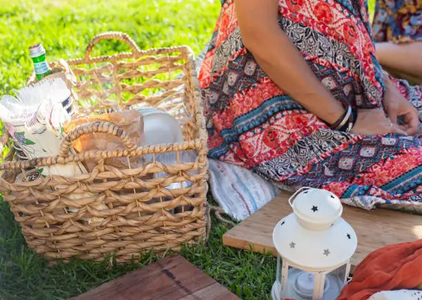 Babyshower on the air picnic with basket and lantern boho tummy
