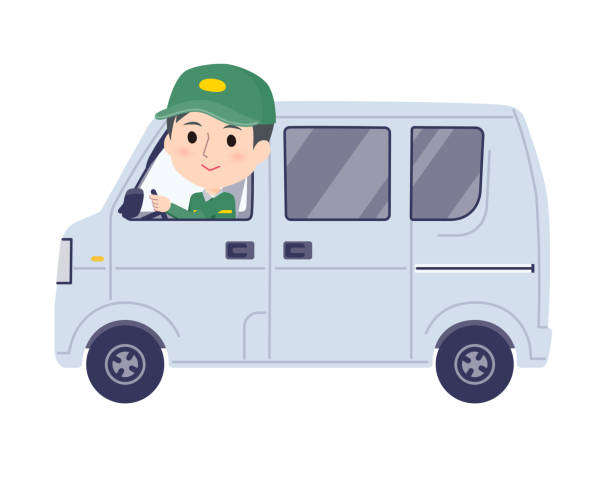 illustrazioni stock, clip art, cartoni animati e icone di tendenza di un set di uomini transportman in un'auto di consegna - van delivery van mini van messenger