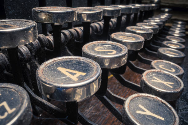 istock Antique machine to write. Office equipment. Keyboard of vintage typewriter. 1346823337