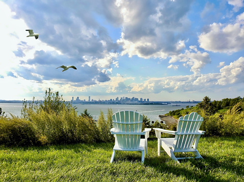 Two seagulls soar above Spectacle Island, with Boston's cityscape viewable across harbor.