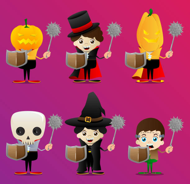 illustrations, cliparts, dessins animés et icônes de enfant habillé pour halloween tenant une masse et un bouclier à pointes - wizard horror spooky knight