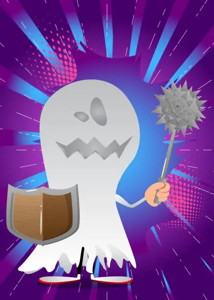 Vector illustration of Kid dressed for Halloween holding a spiked mace and shield