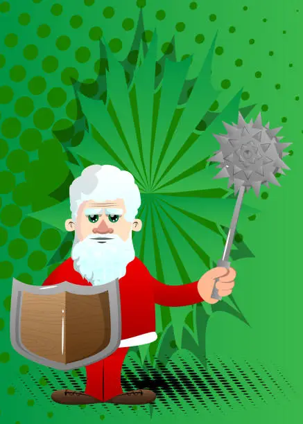 Vector illustration of Santa Claus in his red clothes with white beard holding a spiked mace and shield.