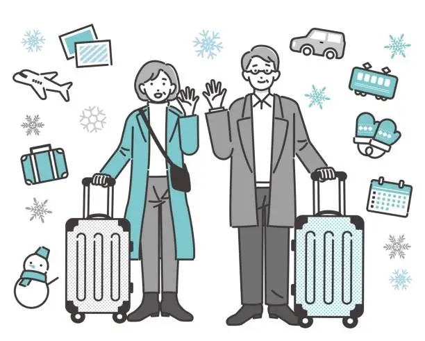 Vector illustration of Vector illustration material of senior couple and icon going out in autumn and winter / friend / parent and child / travel
