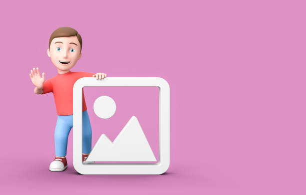 istock Young 3D Cartoon Character with Picture Image Symbol on Purple Background with Copy Space 1346834954