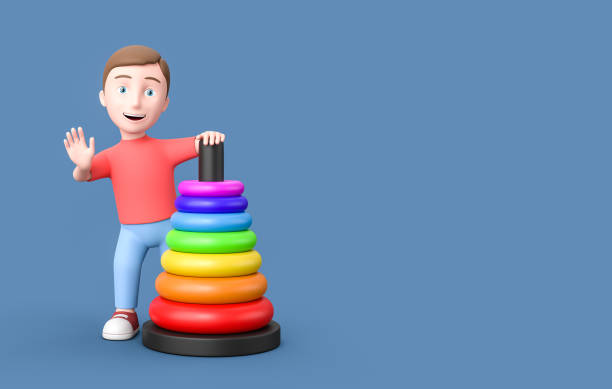 istock Young 3D Cartoon Character with a Toy on Blue Background with Copy Space 1346835580