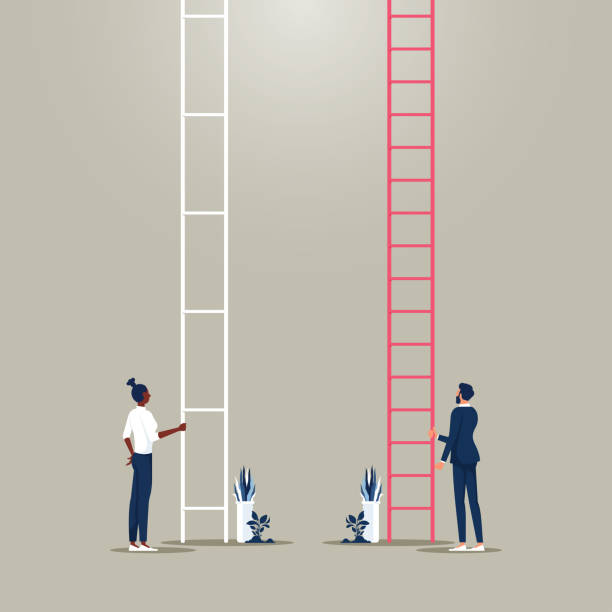 Gender equality vector concept Gender equality. businessman and  businesswoman stand at career ladder, different opportunities in company, Female discrimination, injustice and sexism symbol feminism and women rights vector concept equity vs equality stock illustrations