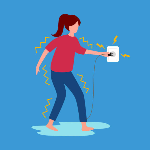 Electric shock risk concept vector illustration. Woman standing on wet floor and get electric shock in flat design. Electric safety caution. vector art illustration