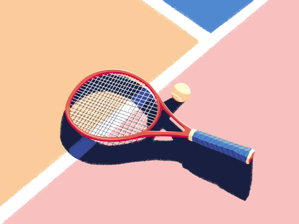 Tennis racket backgroud Illustration of tennis racket and tennis ball on court. Textured effect. Color background. courtyard stock illustrations