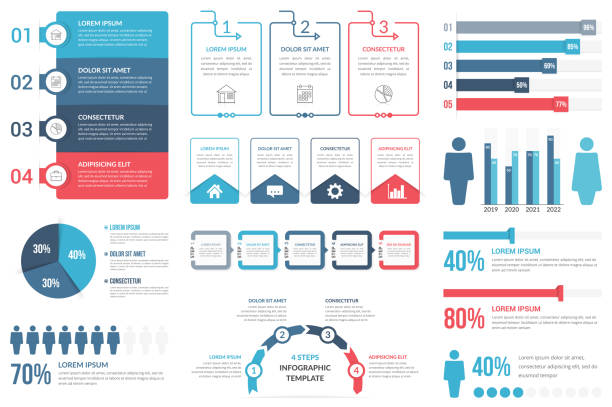 Infographic Elements Infographic elements - steps and options, percents, people infographics, pie chart and bar graph, vector eps10 illustration data visualization infographics stock illustrations