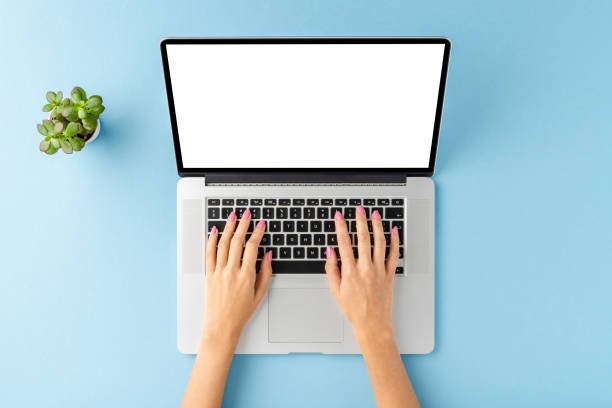 istock Female hands using laptop with empty screen on blue table. Business background. Flat lay 1346841512