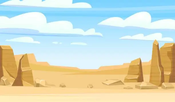 Vector illustration of Rocky cliffs. Sandy desert. Desert natural landscape with stones. Illustration in cartoon style flat design. Horizontal composition. Vector