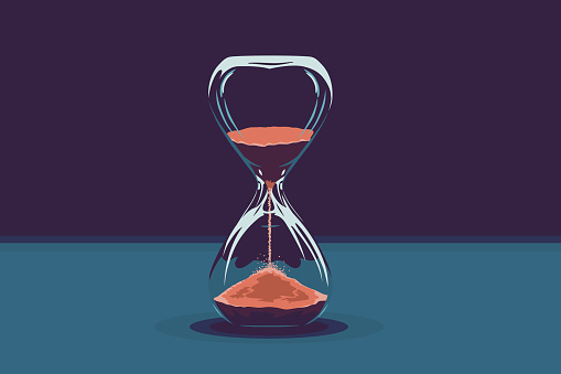 Hourglass with red sand against blue background. Time passing creative illustration. Vector image.