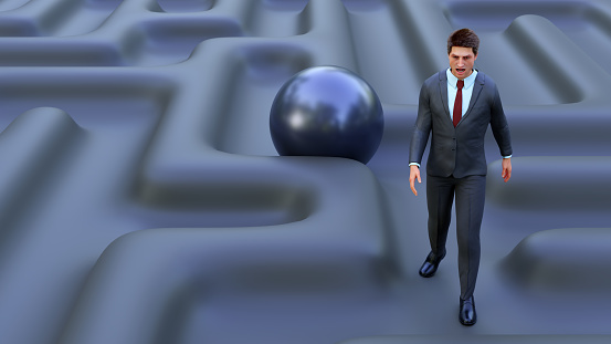 businessman in a labyrinth chased by a big sphere business challenge problem 3D illustration