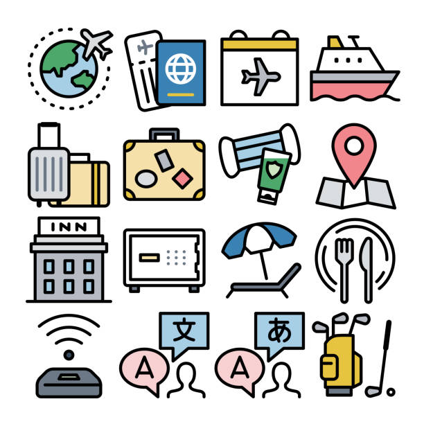 new normal travel icon set new normal travel icon set cruise ship cruise passport map stock illustrations